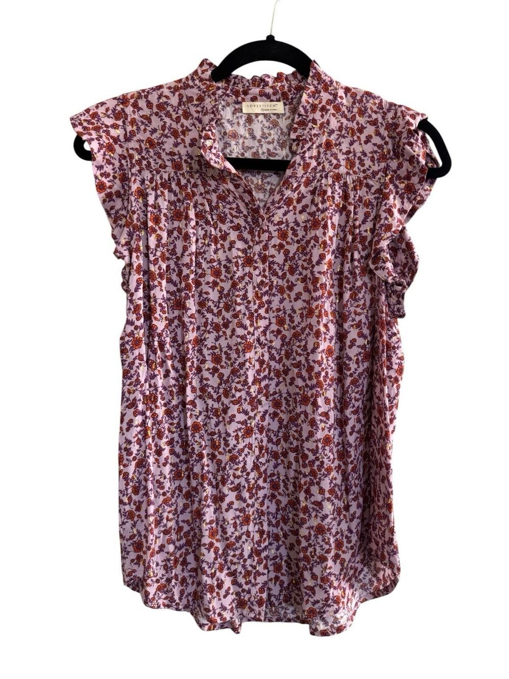 LOVESTITCH Small Floral Purple Metallic Gold Ruffled Neck Pleated Blouse #NE78